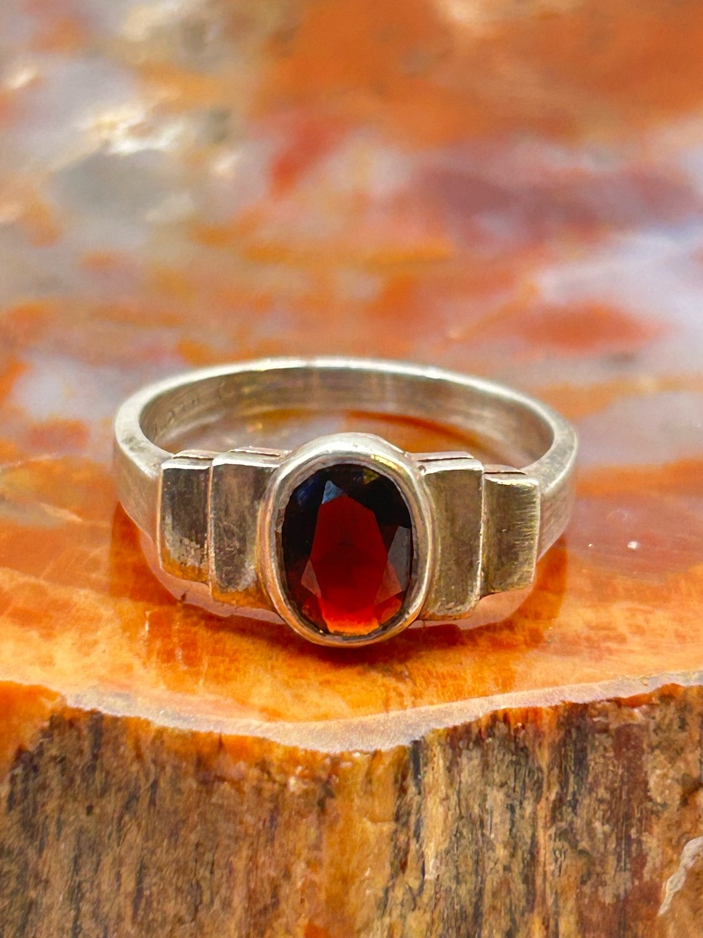Minimalist Art Deco Style Garnet Ring, Sterling Silver - Size 8